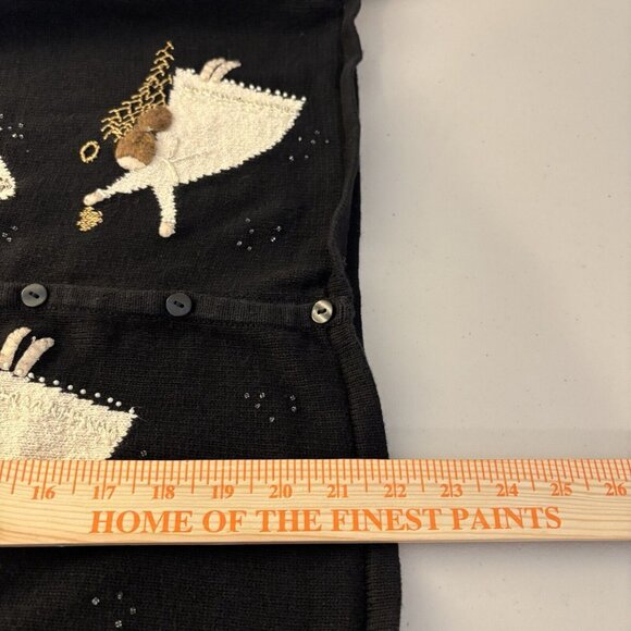 Carroll Reed Black Embroidered Angel Cardigan Beaded Size Medium Holiday Winter - Picture 12 of 13